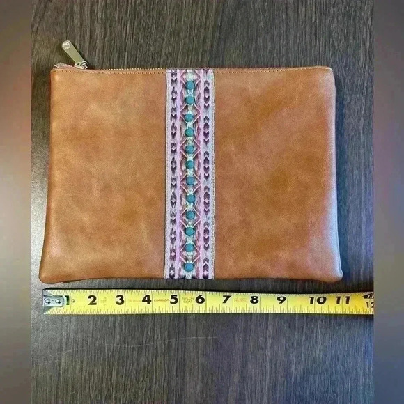 Handbags - Under Arm Clutch Purse. Brown Faux Leather. Beaded Accent. Zip Closure. 11” Long